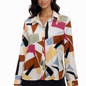 SHEIN Color Block Geometric Blouse – Size Medium | Trendy Button-Up Top